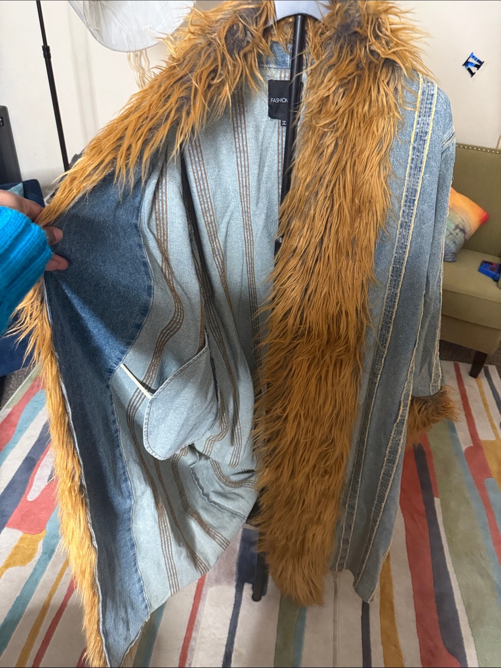 Denim Long Coat with Faux Fur Trim in Vintage Wash - Picture 2 of 4